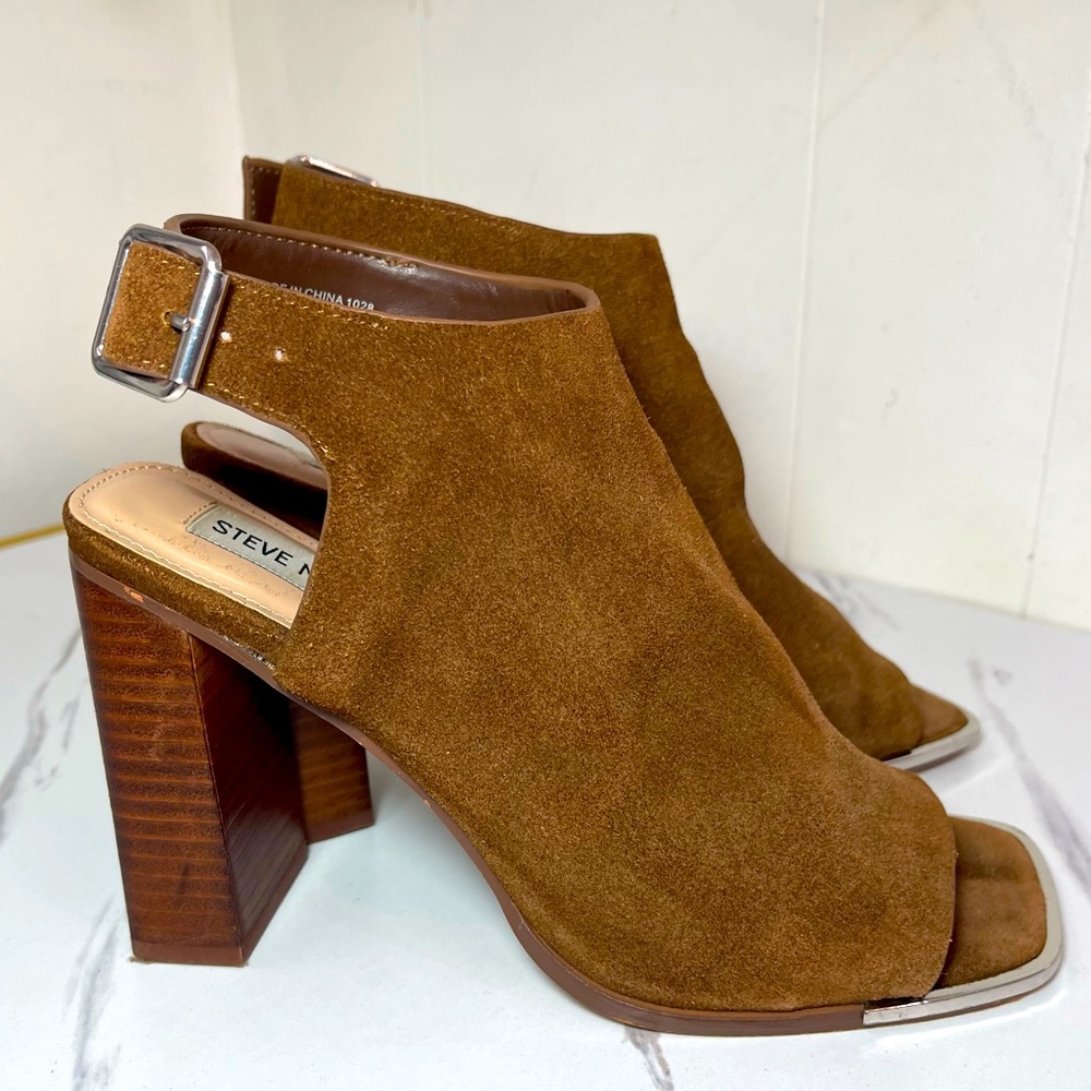 Steve Madden Delancey Block Heel Brown SquarePeepToe Leather Sandals  8Slingback